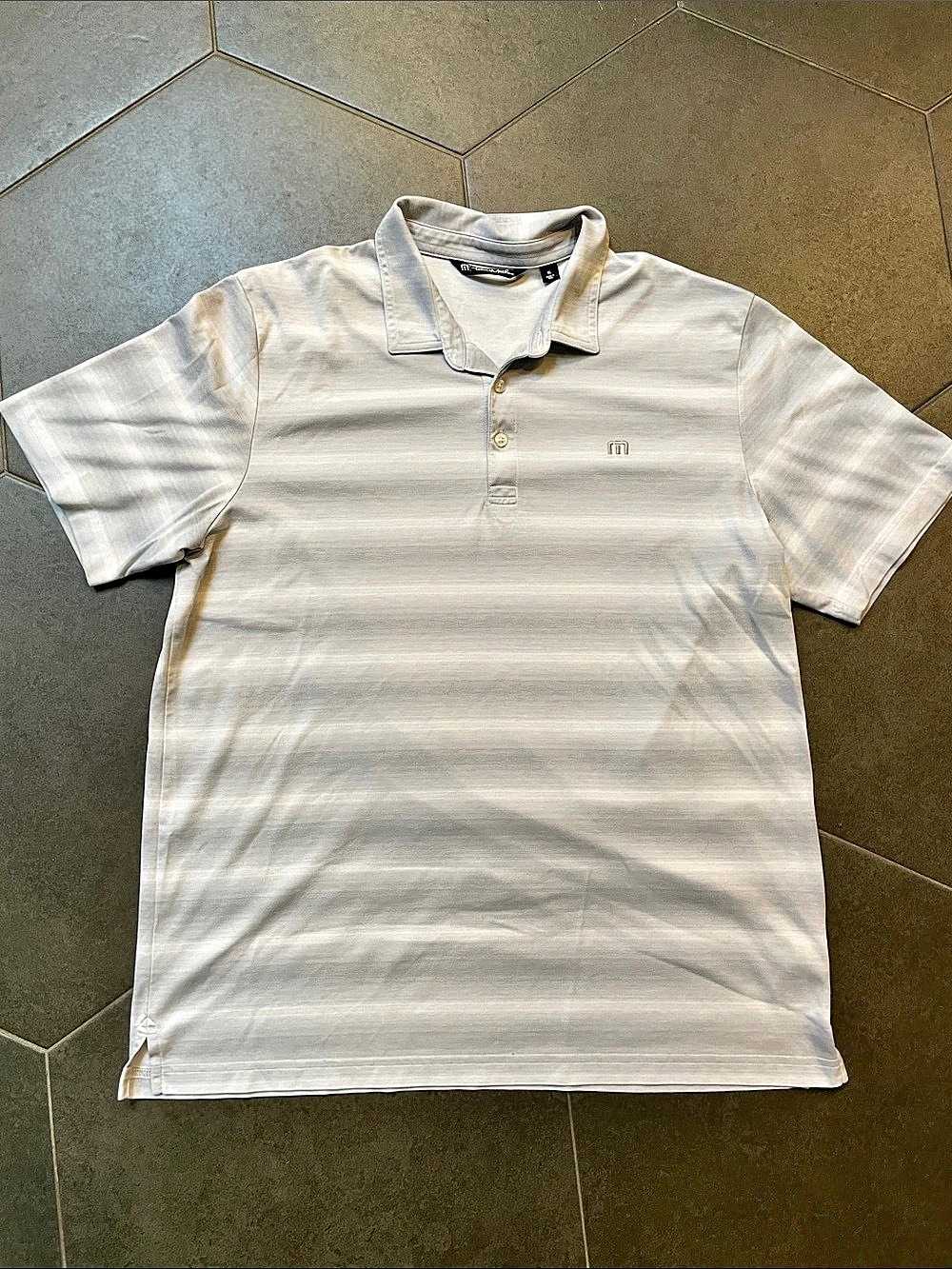 Travis Mathew Striped Polo in White & Gray Size XL